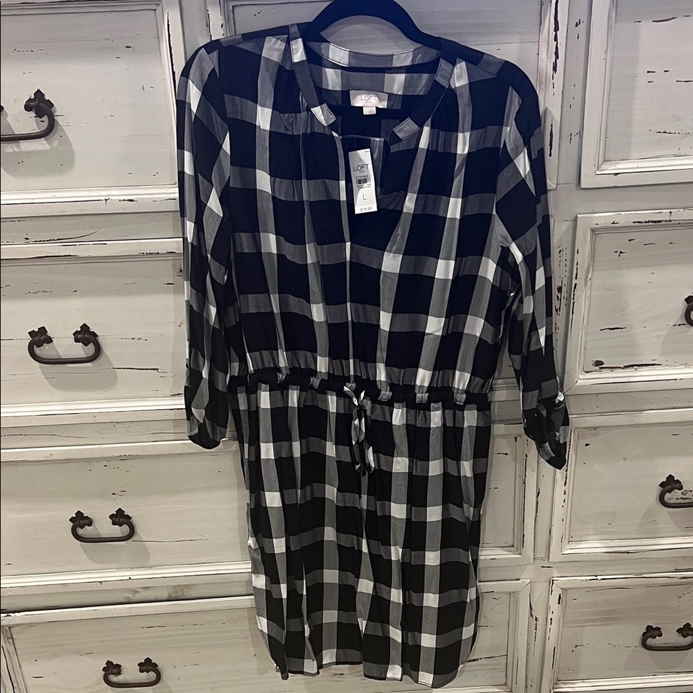 NWT LOFT Black and White Plaid Dress sz L